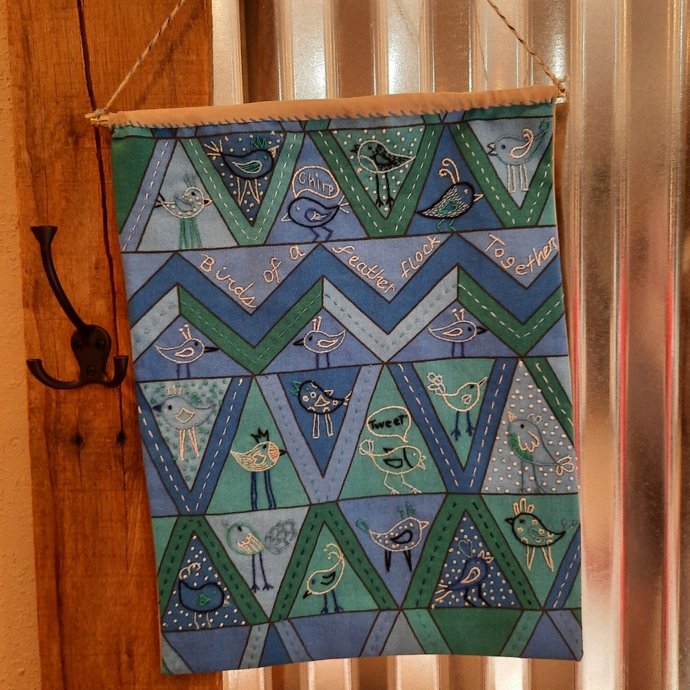 Original hand-embroidered bird quote wall hanging blue birdies